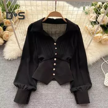 Женская рубашка во французском стиле с V-образным вырезом, длинным рукавом, декором из пуговиц, неровным подолом, однотонные топы 3XL чёрный