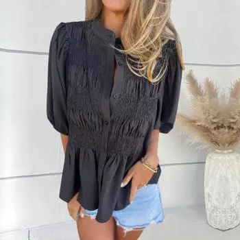 Женская рубашка Yousheng на пуговицах, летняя, с коротким рукавом и круглым вырезом, повседневная, свободная, плиссированная блузка для повседневной носки в отпуске XL чёрный