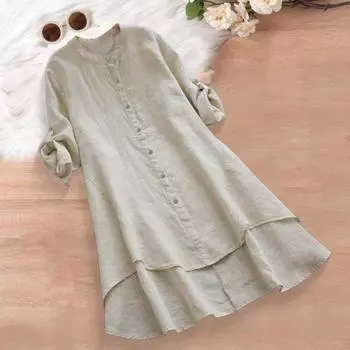 Женская рубашка Yousheng с круглым вырезом, длинным рукавом, застежкой на пуговицы, однотонная, с высоким и низким подолом, свободная посадка, повседневная рубашка средней длины M синий