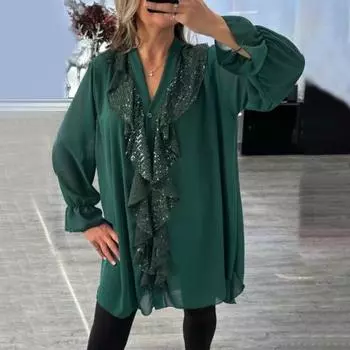 Женская рубашка Yousheng с V-образным вырезом, длинным рукавом, оборками, шифоновая рубашка, однобортная, свободного кроя, однотонная рубашка, повседневные топы обычного кроя M темно-красного