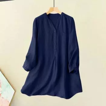 Женская рубашка Yousheng с V-образным вырезом, пуговицами, полузастежкой, длинным рукавом, свободным кроем, повседневная рубашка однотонного цвета средней длины M темно-синий