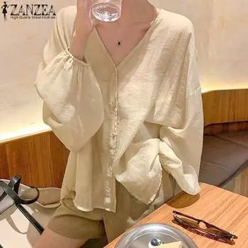 Женская рубашка ZANZEA Lantern с V-образным вырезом и длинными рукавами, однотонная свободная прямая рубашка 4XL белый