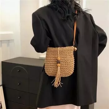 Женская ручная работа соломенная плетеная маленькая сумка-ведро модная сумка через плечо женская сумка простого дизайна летняя дорожная пляжная сумка