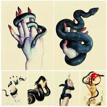 Женская рука держит змею Темное колдовство Настенное искусство Холст Картина Абстрактная ведьма и черная магия Художественный плакат и принт Декор без рамки