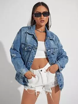 Женская рваная повседневная джинсовая куртка с длинными рукавами L синий
