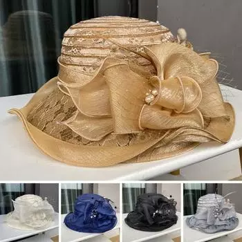 Женская рыбацкая шляпа из органзы с кружевным бантом из искусственного жемчуга, декор из перьев, винтажный королевский стиль, с плоским верхом, защита от УФ-лучей и солнца, кепка для выпускного вечера, вечерние шапки для торжественных случаев белый