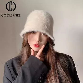 Женская рыбацкая шляпа Ретро вязаная шерстяная шляпа-ведро с кроличьим мехом Шапка-ведро Зимняя женская мода сплошной цветAC2188 One Size белый
