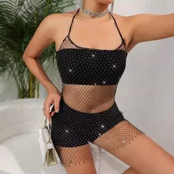 Женская рыболовная сеть с бриллиантами, сексуальное облегающее платье с подтяжками XS