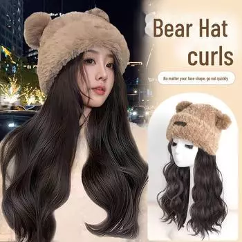 Женская съемная шапка-медведь с длинным кудрявым париком для осени/зимы - теплая полная шапка-ушанка Brown-Black Big Waves