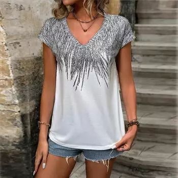 Женская серая бумажная лента с v-образным вырезом и короткими рукавами, свободная футболка с принтом, повседневная рубашка XS серый