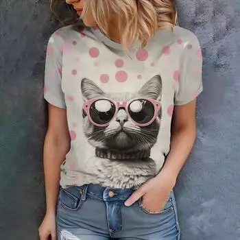 Женская серая футболка с розовыми солнцезащитными очками, дизайном кота, повседневный летний стиль, круглый вырез, короткий рукав, топ для повседневной носки S
