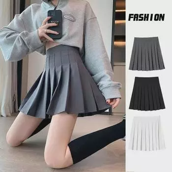 Женская серая плиссированная юбка А-силуэта с высокой талией — короткая, облегающая, в стиле JK, на лето, весну и осень. Medium чёрный