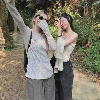 Женская серая трикотажная солнцезащитная рубашка с длинным рукавом для осени и лета S