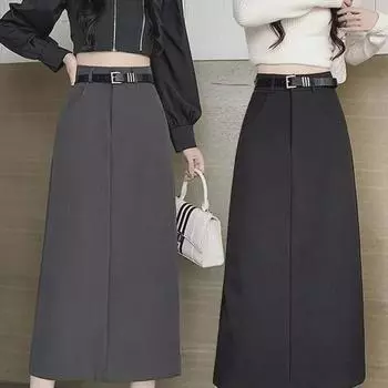 Женская серая юбка А-силуэта с высокой талией, разрезом и запахом на бедрах, рабочая одежда на осень/зиму 2024 г. 3XL чёрный
