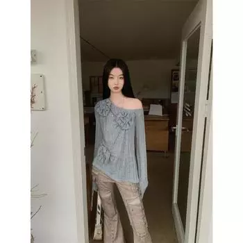 Женская серая вязаная футболка с одним открытым плечом, однотонная трикотажная футболка с длинными рукавами, одежда y2k, футболка с трехмерным цветочным дизайном S серый