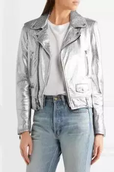 Женская серебряная куртка из натуральной овчины ручной работы стильная байкерская мотоциклетная S серебряный