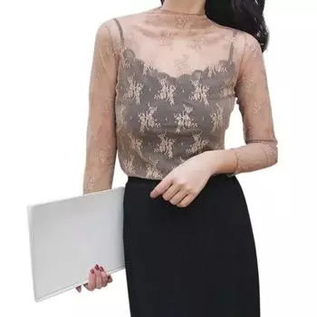 Женская сетчатая эластичная футболка с высоким воротником и перспективой, сплошной цвет, тонкая футболка с длинными рукавами