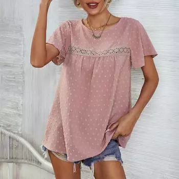 Женская сетчатая блузка крючком из полиэстера, мягкая эластичная повседневная уличная одежда с круглым вырезом L розовый