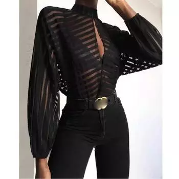 Женская сетчатая блузка с длинным рукавом, женская рубашка, черная ажурная спереди, сексуальные топы, одежда, летние женские блузки L чёрный