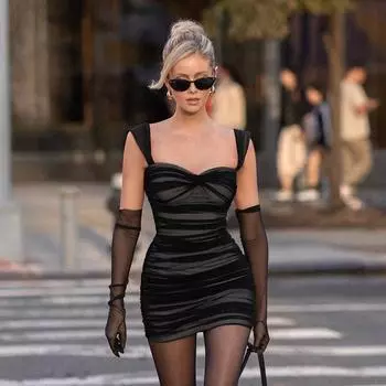 Женская сетчатая двойная плиссированная грудь темперамент халтер Spice Girl сексуальная талия тонкий пакет бедра юбка S чёрный