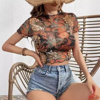 Женская сетчатая футболка с цветочным принтом и деревянной отделкой ушек, короткий рукав, тонкая футболка S чёрный