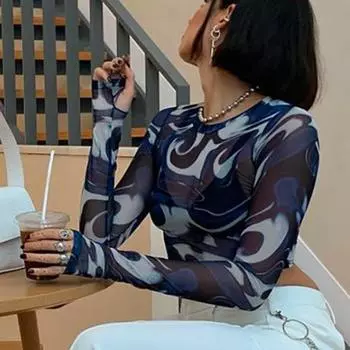 Женская сетчатая футболка с длинным рукавом с круглым вырезом и нерегулярным разрезом, пуловер, женская повседневная тонкая футболка, топ S синий