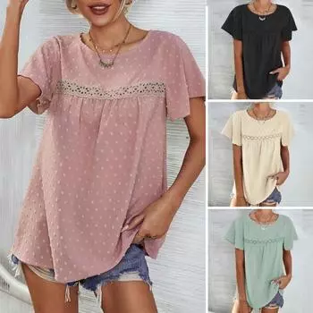 Женская сетчатая летняя блузка крючком из полиэстера, мягкая эластичная повседневная уличная одежда с круглым вырезом, свободный пуловер, топ, женская поставка L розовый