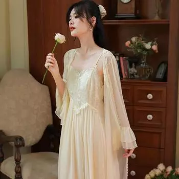 Женская сетчатая ночная рубашка с длинными рукавами во французском стиле с подкладкой на груди и юбкой на подтяжках, пижамный костюм на осень/весну M абрикосовый