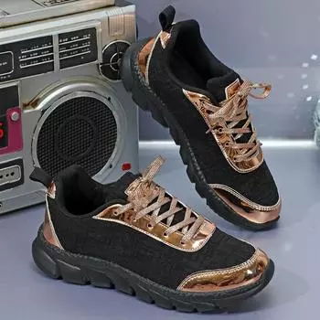 Женская сетчатая обувь на плоской подошве, женская дышащая повседневная обувь на шнуровке, модная женская обувь, удобные женские кроссовки больших размеров 36 чёрный/золотой