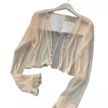 Женская сетчатая прозрачная куртка от солнца с длинным рукавом и застежкой на пуговицы, солнцезащитные рубашки с защитой от ультрафиолета, короткий топ-шаль, летняя пляжная накидка S абрикосовый