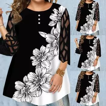 Женская сетчатая туника с рукавом 3/4 больших размеров, женская повседневная футболка с цветочным принтом, блузка