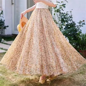 Женская сетчатая юбка с цветочным принтом, эластичная высокая талия, элегантная стильная большая юбка, летняя дышащая легкая, мягкая длинная юбка, юбка для отпуска, вечеринки S