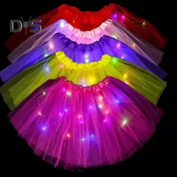 Женская сетчатая юбка со светодиодной подсветкой, юбка с эластичной резинкой на талии и подсветкой, красочная газовая юбка для сценического шоу, многослойная сетчатая юбка розовый