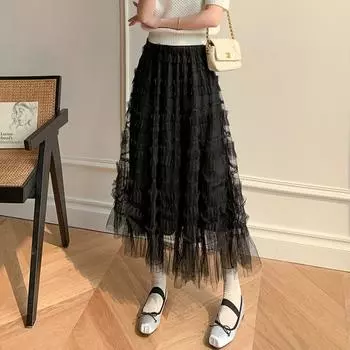 Женская сетчатая юбка-торт, танцевальная подиумная вечеринка, летняя розовая модная тонкая повседневная юбка с высокой талией, шикарная элегантная женская юбка средней длины S розовый