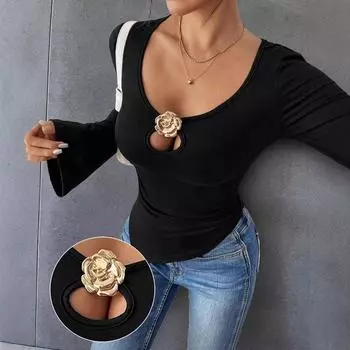 Женская сексуальная асимметричная футболка с ажурными металлическими пуговицами S чёрный