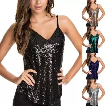Женская сексуальная блузка без рукавов с блестками на бретельках и V-образным вырезом, майка, укороченная рубашка на бретелях L чёрный