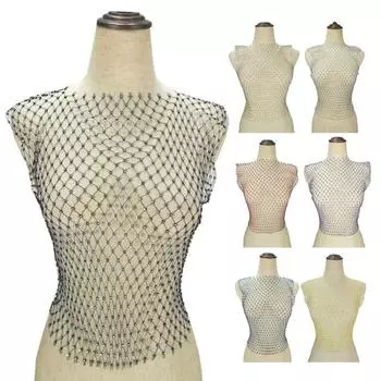 Женская сексуальная блузка без рукавов с круглым вырезом и ажурными сетками со стразами