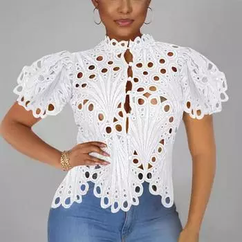 Женская сексуальная блузка с пышными рукавами для ночного клуба, винтажный летний топ на пуговицах со стойкой, нерегулярные элегантные рубашки, женские блузки 26527 S чёрный