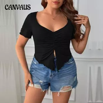 Женская сексуальная блузка с V-образным вырезом, узким квадратным воротником, короткими рукавами и нестандартной формой 1XL чёрный