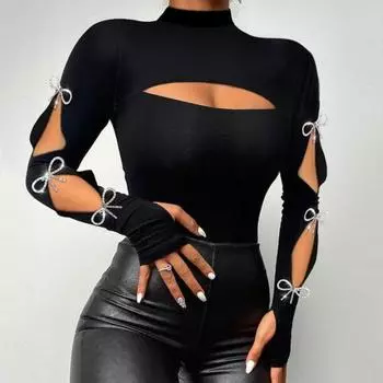Женская сексуальная блузка с вырезом под горло и квадратным воротником, облегающая футболка, ажурная футболка с длинными рукавами, кружево, декор из бисера, пуловер, топы L чёрный