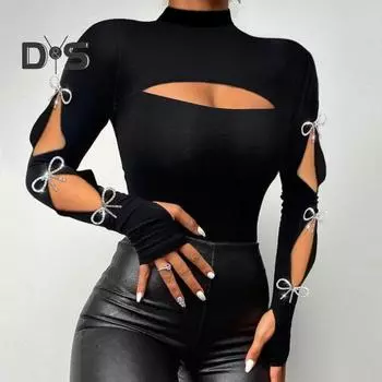 Женская сексуальная блузка с вырезом под горло и квадратным воротником, облегающая футболка, ажурная футболка с длинными рукавами, кружево, декор из бисера, пуловер, топы L чёрный