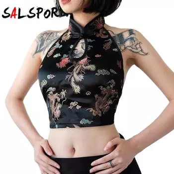 Женская сексуальная бретелька на шее, с запахом на груди и топом Cheongsam в китайском стиле в стиле ретро