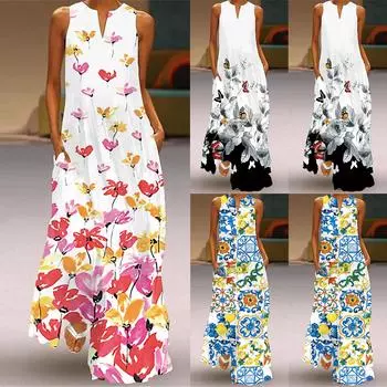 Женская сексуальная длинная юбка с цифровым принтом, v-образным вырезом и карманами, платье без рукавов L чёрный