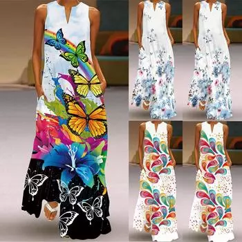 Женская сексуальная длинная юбка с цифровым принтом, v-образным вырезом и карманами, платье без рукавов L светло-синий