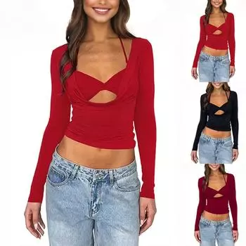Женская сексуальная драпированная футболка с длинным рукавом и вырезом, облегающий топ с глубоким вырезом, рубашки для выхода в свет L чёрный