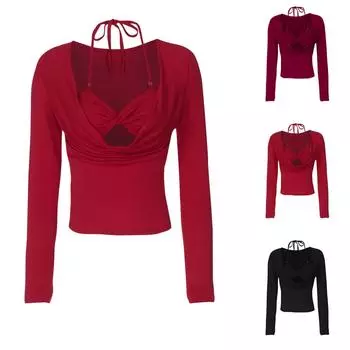 Женская сексуальная драпированная футболка с длинным рукавом и вырезом, облегающий топ с глубоким вырезом, рубашки для выхода в свет S чёрный