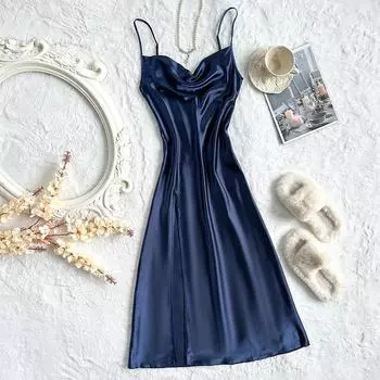 Женская сексуальная дышащая ночная рубашка на бретельках, летняя легкая пижама с высокой талией и открытой спиной, разделенная подолом для женщин, стильное шелковое атласное мягкое платье для сна S синий