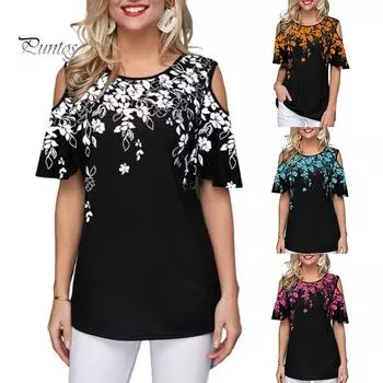 Женская сексуальная футболка с коротким рукавом с круглым вырезом и цветочным принтом, свободная футболка с открытыми плечами L зелёный