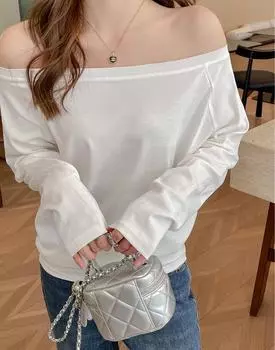 Женская сексуальная футболка с открытыми плечами, модная женская тонкая рубашка с необработанной отделкой, шикарные винтажные женские однотонные футболки с длинным рукавом S белый