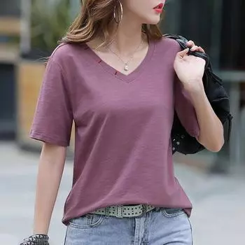 Женская сексуальная футболка с v-образным вырезом, корейская хлопковая футболка с коротким рукавом, женственная летняя весенняя повседневная женская футболка, топы S чёрный